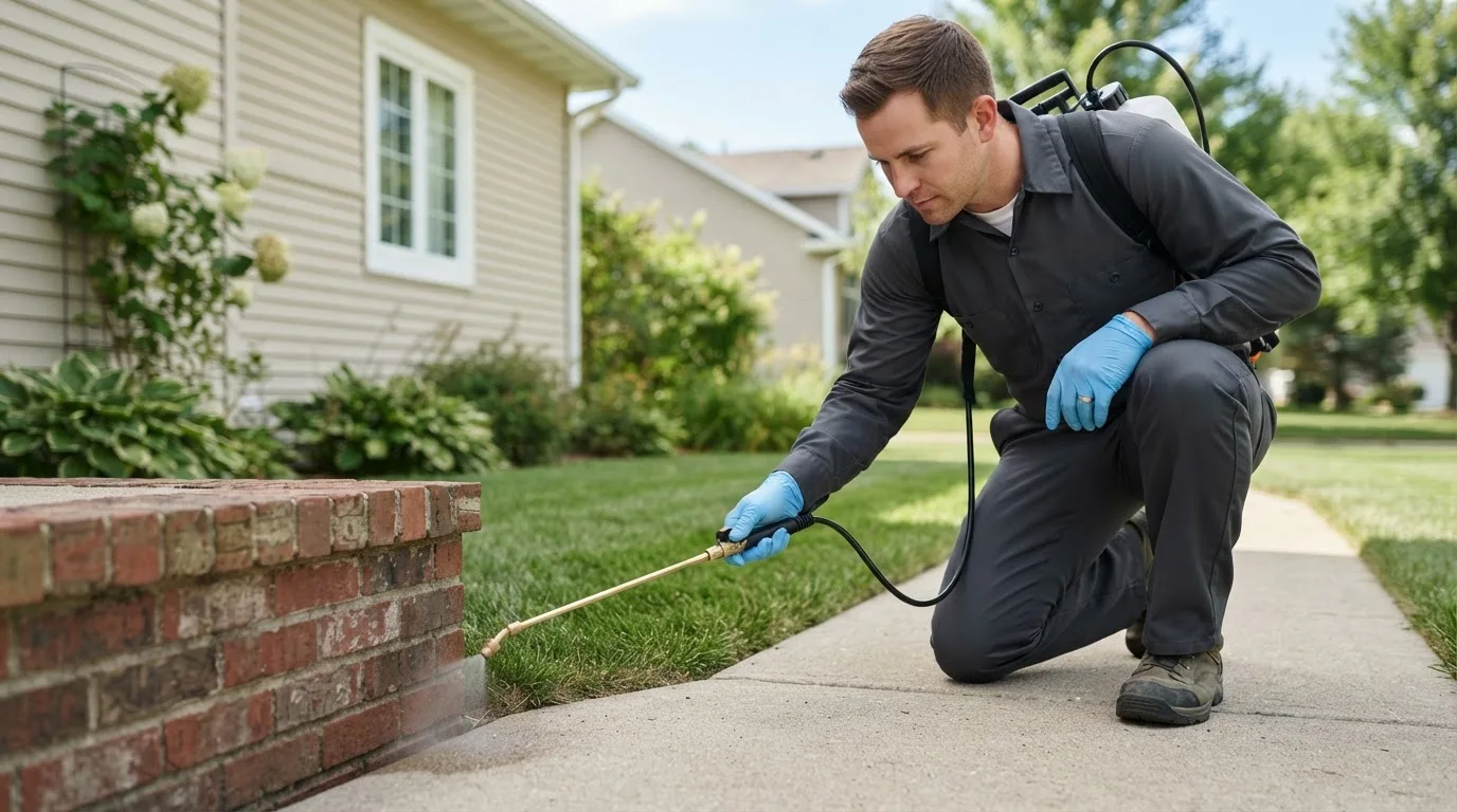 Pest control technician treating a home near Pittsville, WI